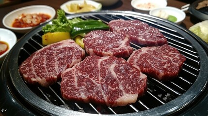 Fototapeta premium Korean-style Hanwoo beef BBQ with tender slices on the grill, surrounded by side dishes on a table, creating a mouthwatering dining experience.