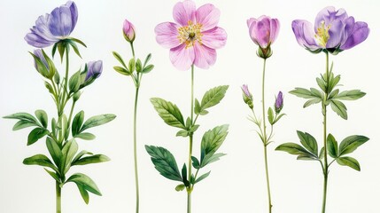 A botanical illustration showcasing various stages of flowering plants with detailed leaves.