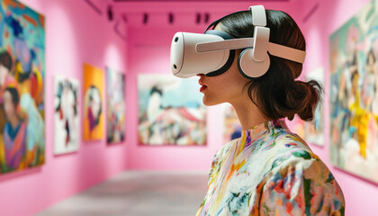 Woman wearing virtual reality headset visiting modern art gallery exhibition
