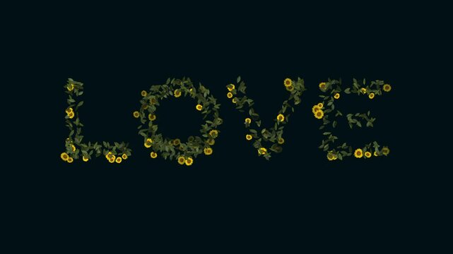 Animation of the word "LOVE" made of leaves and daisies, appearing and disappearing. Isolated on a dark blue background. Wedding, romance, love concepts.