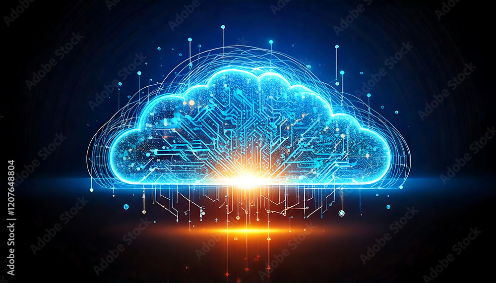Poster stunning abstract depiction of cloud computing, showcasing intricate circuit board design within a g
