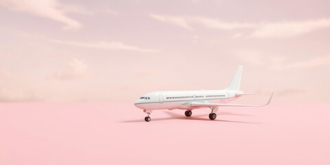 An elegant white airplane model perched on a pale pink surface with a few wispy clouds drifting lazily across the sky, air plane, airplane model, cloud formations