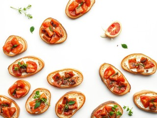An elegant flat lay featuring a variety of artisanal bruschettas on a white background, rustic table setting, roasted vegetables