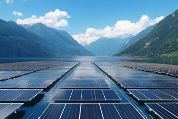 Tranquil Lake with Floating Solar Panels Under Clear Blue Sky Surrounded by Majestic Mountains and Lush Greenery in a Serene Landscape
