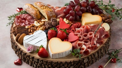 Valentine-themed charcuterie board with heart-shaped cheeses, chocolate-dipped strawberries, and assorted crackers, styled with flowers on a wooden platter