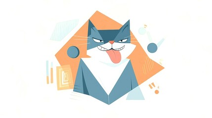 Obraz premium Cute Cartoon and Flat concept Playful cat illustration with vibrant colors and geometric shapes.