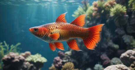 Naklejka premium Aquatic view of a single large red fire guppy with clear water and coral reef in the background , fish, fire, reef
