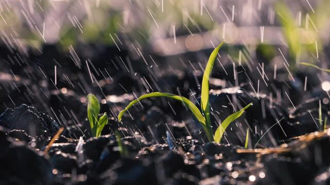 water droplets onto corn leaves using drip irrigation systems. agricultural technology, monoculture plants, Animal feed crops industry