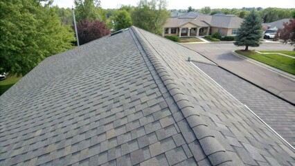 Asphalt shingle roof with ridge cap viewed from directly above, shingles, natural surroundings, architectural feature, roofing material, asphalt roof