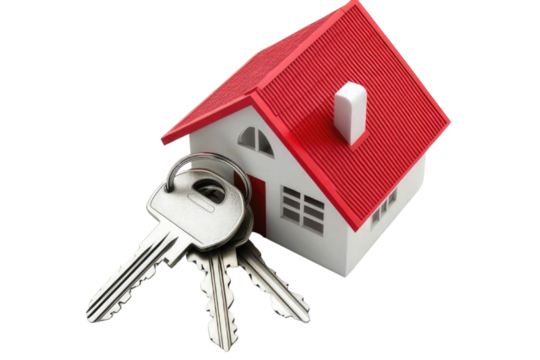 House key pair with metal house shaped keyring isolated on white background. PNG


