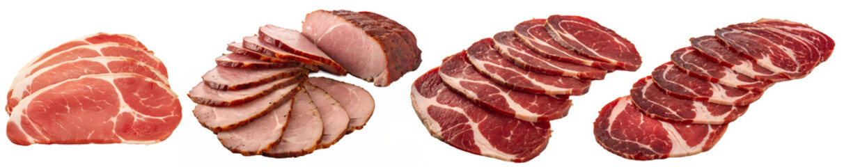 Fototapeta premium Meat delicacies on a plate on a transparent background. The concept of delicious and nutritious food. National Cold Cuts Day