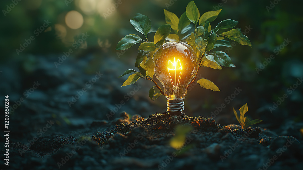 Poster save the world concept with a lightbulb tree sprouting from the soil under the warm glow of sunlight