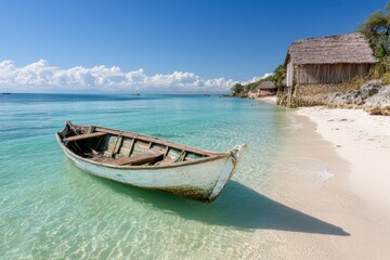 Obraz premium A rustic fishing village on Zanzibar coast, with wooden huts and small boats tied to the shore