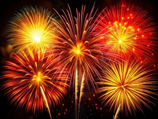 Fototapeta premium Macro lens captures vibrant red and yellow fireworks exploding against a dark night sky.