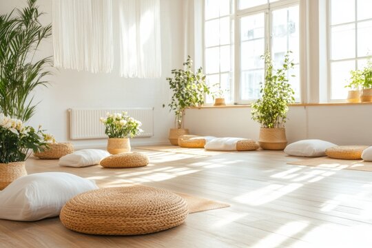 A serene Zen meditation session in a minimalist room with a wooden floor and soft natural light streaming through paper screens