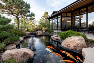 Naklejka premium A serene koi pond surrounded by bonsai trees and bamboo, with vibrant fish gliding through the water