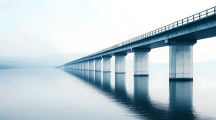 Serene Bridge Road Merging with Calm Water Reflections,Symbolizing Connections and Crossing