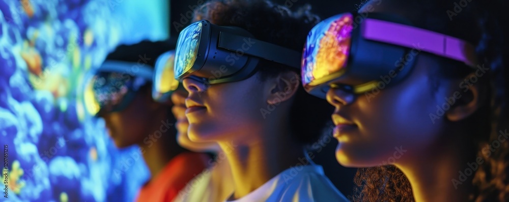Aufkleber diverse students using augmented reality tablets for interactive stem learning