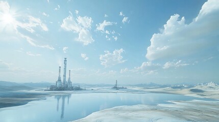 Futuristic Industrial Landscape: A serene, cold reflection of industrial structures on a desolate lake under a pale blue sky.