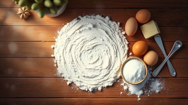 flat-lay of baking ingredients on rustic wooden kitchen counter, showcasing essential tools and items for creating delicious homemade baked goods