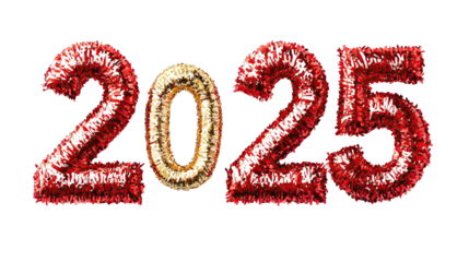 Shiny metallic numbers celebrating the New Year and welcoming 2025 with festive colors and decorations