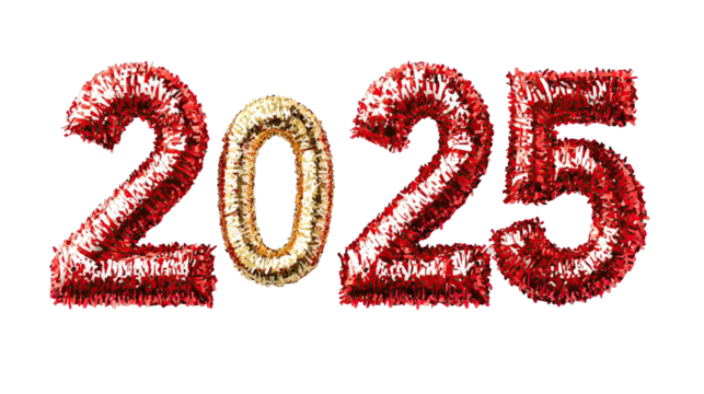 Shiny metallic numbers celebrating the New Year and welcoming 2025 with festive colors and decorations