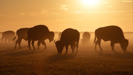 Obraz premium Bison grazing at sunrise on misty plains silhouetted against the rising sun