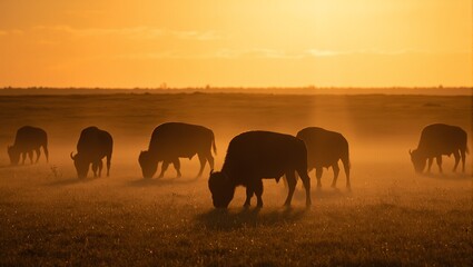 Fototapeta premium Bison grazing at sunrise on misty plains silhouetted against the rising sun
