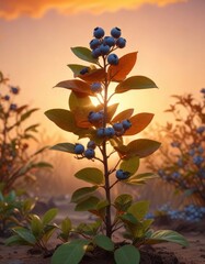 Blueberry plant life against a vibrant orange sky with warm sunlight filtering through, garden, landscape