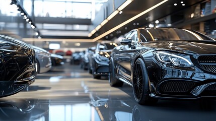 Luxury Cars Showroom: Gleaming Black Vehicles in a Modern Dealership