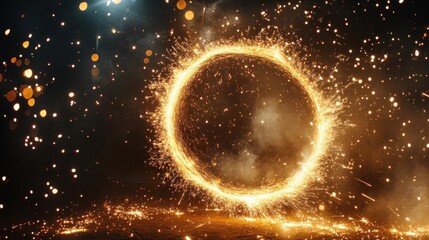 Fireworks in the shape of a circle with sparks on a black background.