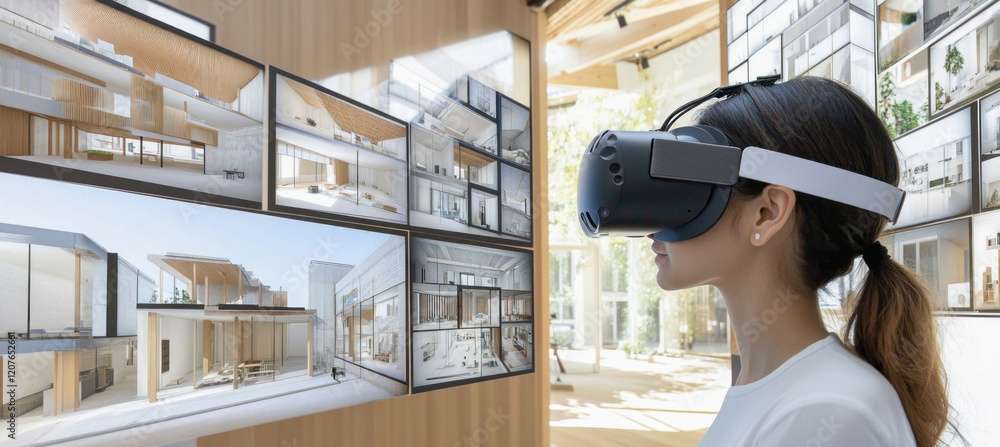 Poster architect wearing virtual reality headset visualizing project using vr goggles