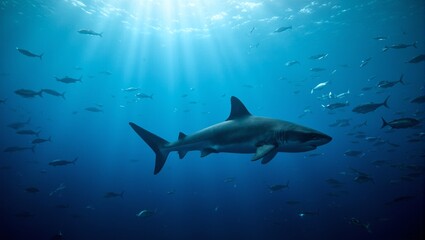 Obraz premium Majestic great white shark in deep blue ocean with schools of fish and sunlight rays
