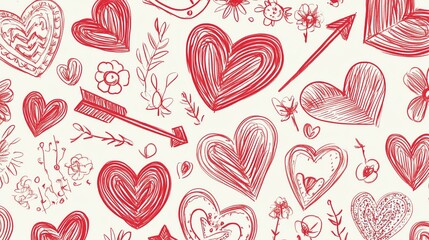 Red Hearts, Flowers, Arrows: Hand-Drawn Romantic Pattern,  Expressing Love and Affection Adorably.