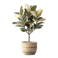Rubber plant in a brown woven wooden pot, air plant