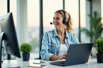 Cheerful Office Employee Providing Excellent Customer Support with Headset and Laptop