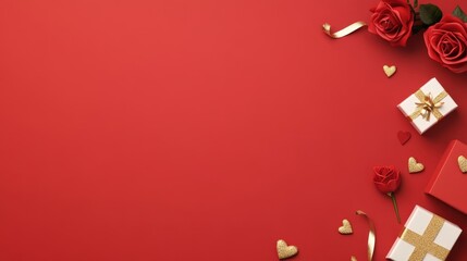 Obraz premium Elegant Red Background with Roses, Gift Boxes, and Hearts for Romantic Occasions, Celebrations, or Holiday Events, Perfect for Invitations and Decorations