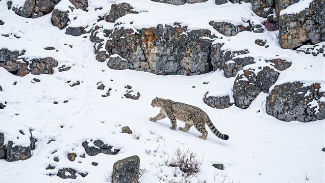 Rare snow leopard prowling Himalayan hills blending with snowy terrain
