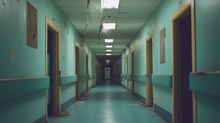 Fototapeta premium Empty hallway on death row. A dimly lit, empty hospital corridor with teal walls and closed doors.