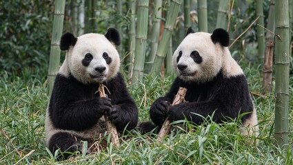 Obraz premium Giant pandas eating bamboo in serene forest setting