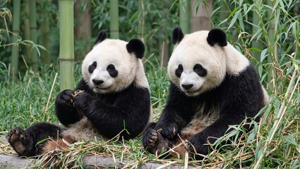 Obraz premium Giant pandas eating bamboo in serene forest setting