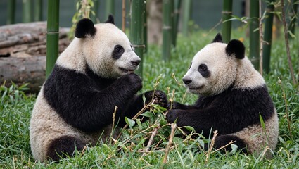 Obraz premium Giant pandas eating bamboo in serene forest setting