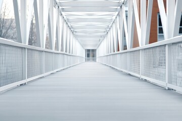 Empty hallway on death row. Modern white pedestrian bridge leading into a bright, spacious area.