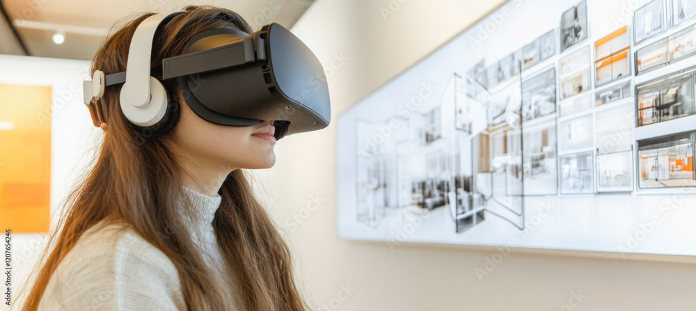 Poster architect wearing virtual reality headset exploring 3d building model