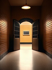 Obraz premium Empty hallway on death row. A dimly lit corridor with open doors leading to an art display.