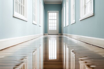Obraz premium Empty hallway on death row. Bright hallway with wooden floors and light blue walls leading to a door.