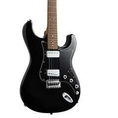 Obraz premium Sleek black electric guitar isolated on a black background, showcasing its glossy finish and intricate details. Perfect for music, art, and design projects.