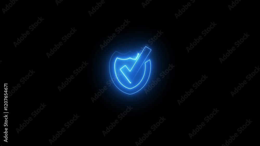 Poster neon check mark with security icon. abstract neon tick mark icon animation.