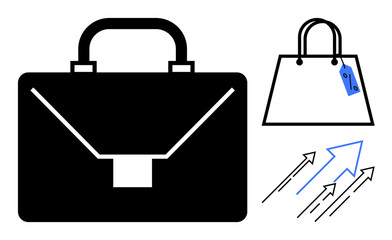Black briefcase, white shopping bag with price tag, three ascending arrows representing growth and direction. Ideal for business, commerce, retail, shopping, finance, career growth progress