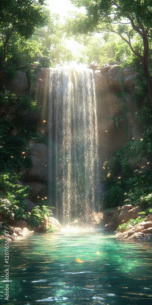 Poster sunlit waterfall cascading into a tranquil forest pool